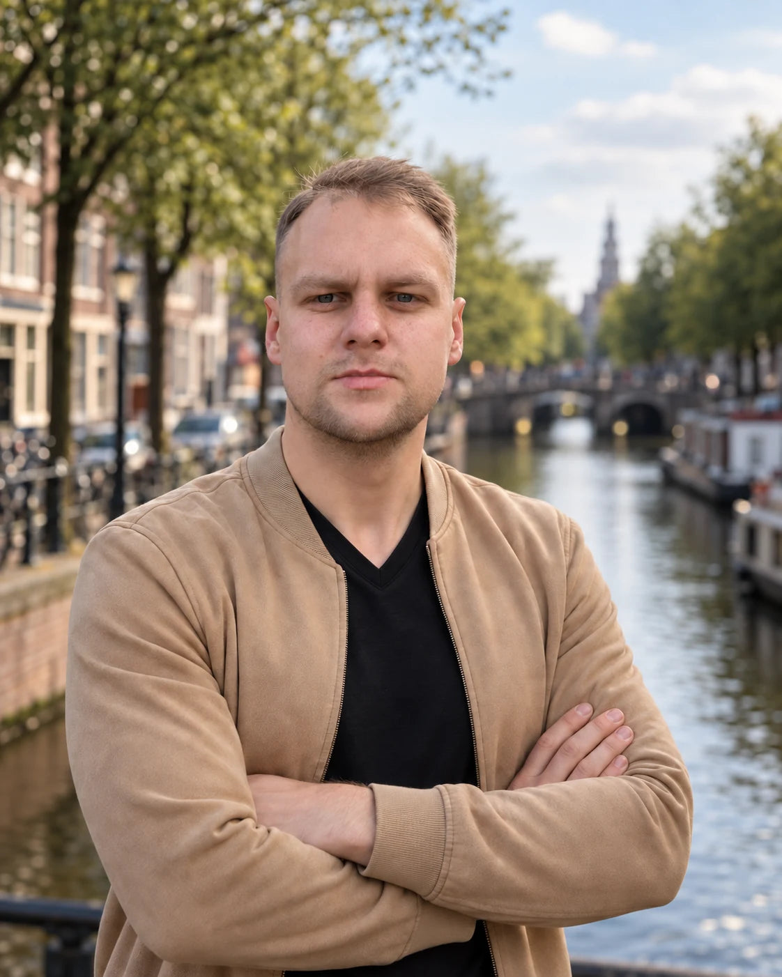 Modestas, founder of M17 BALANCE, beside an Amsterdam canal